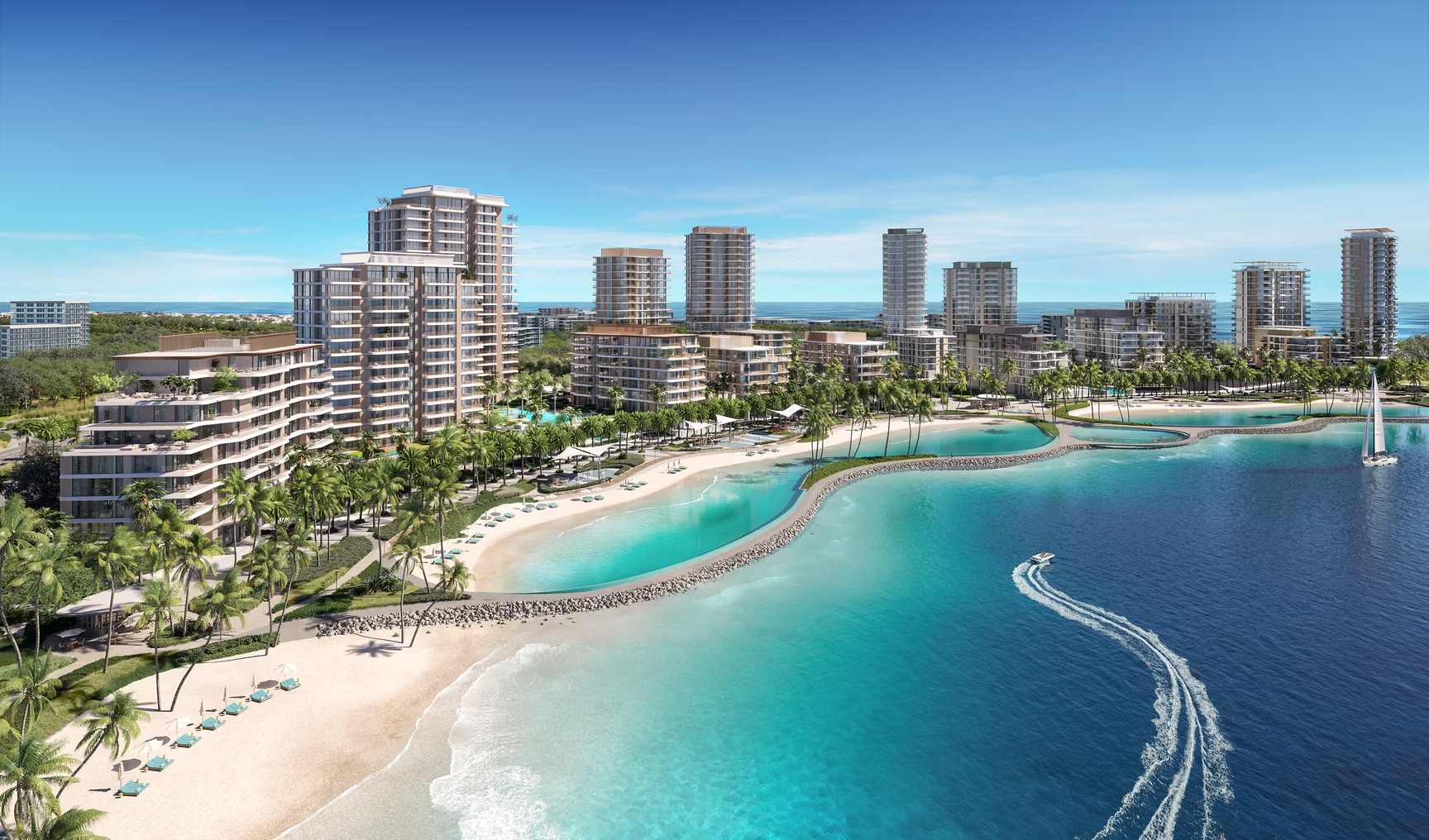 Aerial view of coastal towers beside forest and beach