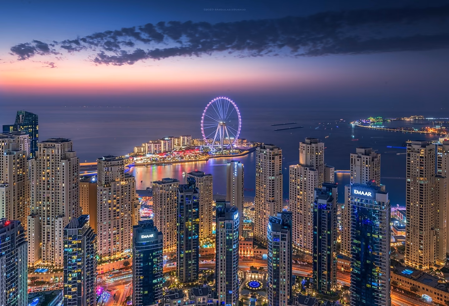 Aerial view of a vibrant city center skyline